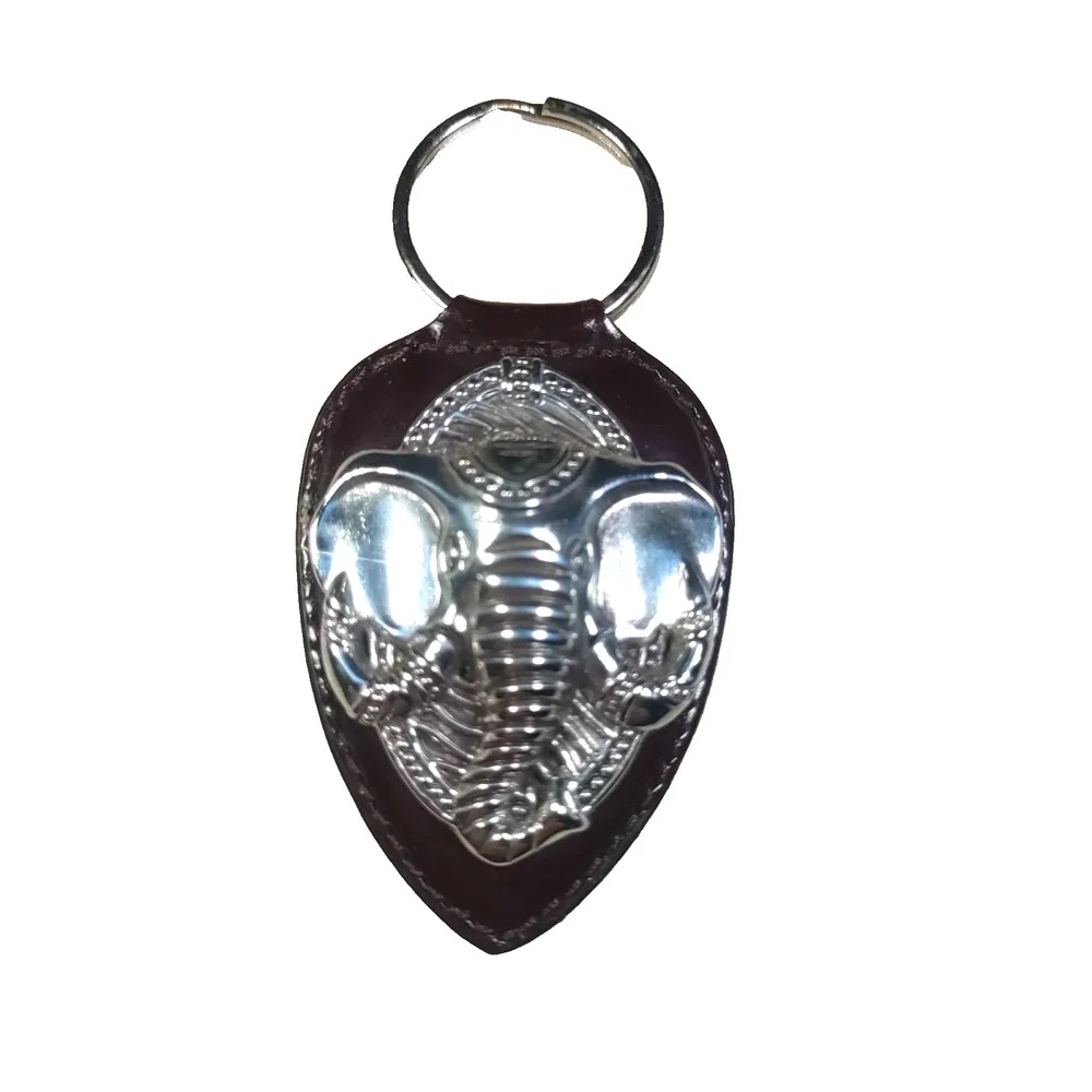 Barse Brown Leather Silver Tone Elephant Keychain